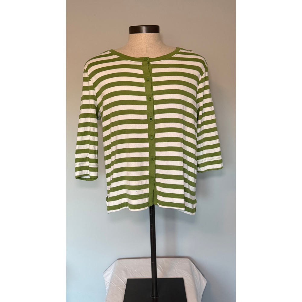 Green White Striped Cotton Cardigan Button Front 3/4 Sleeve L 12/14 Preppy